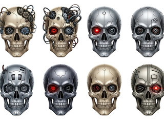 Cybernetic skull variations with mechanical parts and glowing eyes, future concept art isolated on transparent background