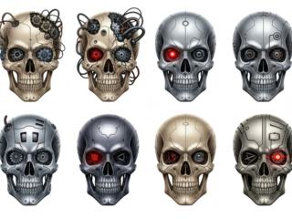 Cybernetic skull variations with mechanical parts and glowing eyes, future concept art isolated on transparent background