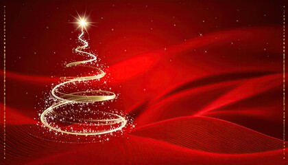Elegant glowing abstract Christmas tree with festive red background and sparkles.