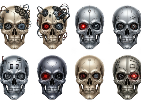 Cybernetic skull variations with mechanical parts and glowing eyes, future concept art isolated on transparent background