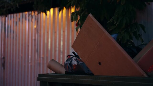 Quiet urban alley at dusk with an overflowing dumpster stacked with cardboard and garbage bags beside a corrugated metal fence, lit by warm streetlights under leafy branches.