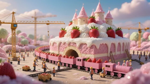 A whimsical fantasy scene featuring a giant pink strawberry cake shaped like a castle, surrounded by tiny construction workers and cranes building a sweet dessert world