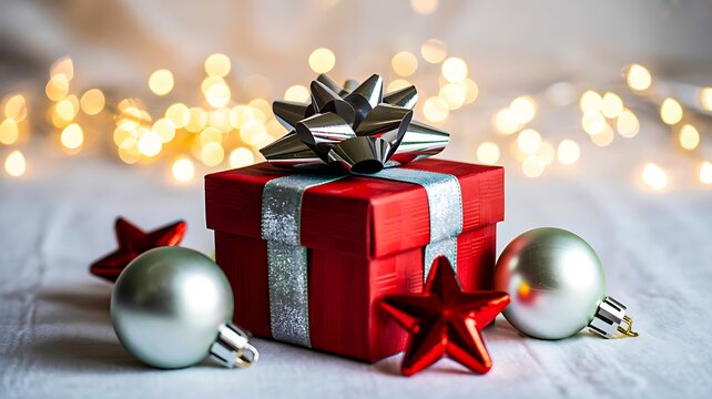 Red christmas gift box with silver ribbon and festive ornaments in holiday setting
- Powered by Adobe