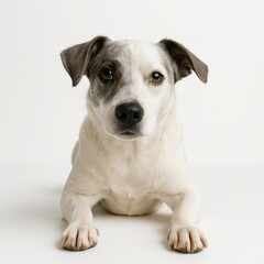 Obraz premium Close up mixed breed dog with white and gray fur one floppy ear lying on smooth white surface front paws visible head slightly tilted