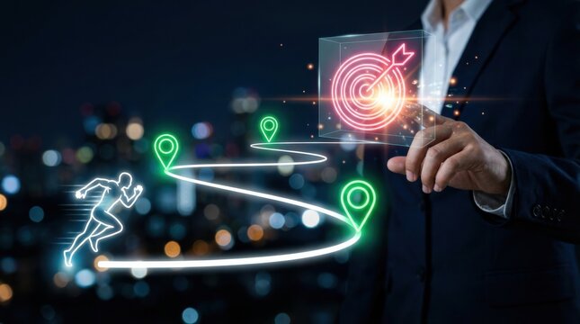 Digital goal pursuit journey, runner icon moving along illuminated checkpoints, glowing target interface selected by business professional, interactive progress pathway, strategic navigation system - Powered by Adobe
