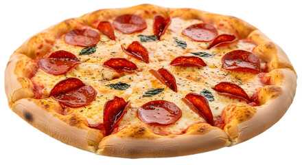 A pepperoni pizza with basil on a black background