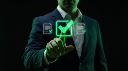 Businessman selecting glowing holographic check icon with fingertip while interacting with digital document approval interface in a dark futuristic setting