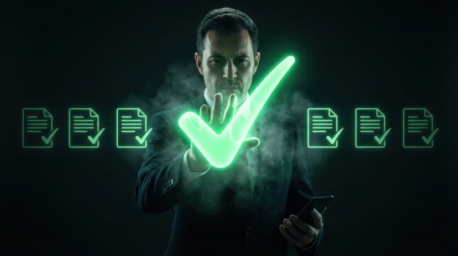 Business professional activating large glowing holographic check mark with hand gesture while reviewing digital document approvals in a dark futuristic environment