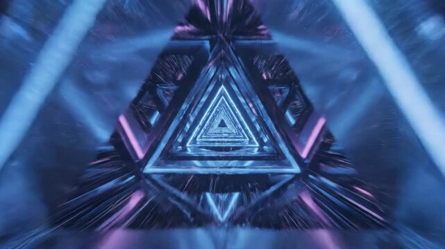 Traveling infinitely through a glowing futuristic tunnel constructed of smooth blue and purple triangular geometric forms looping seamlessly loopable, light, tech
