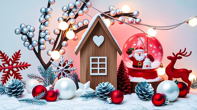 
Christmas house decoration with snow globe and festive ornaments in holiday setting
