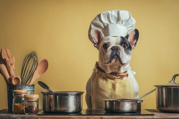 Adorable French bulldog chef with toque and apron cooking gourmet meal, perfect for pet food ads, humorous content, and culinary promotions