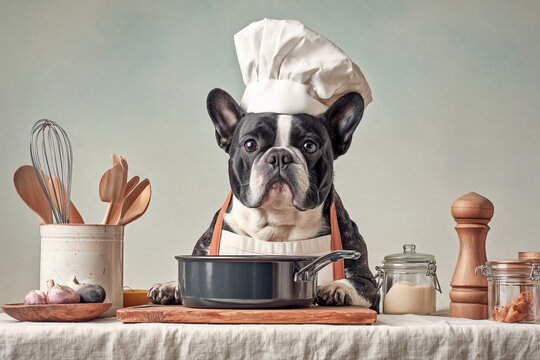 Adorable French bulldog chef cooking up culinary delights in his kitchen with professional chef hat and apron, ready to add flavor and fun to your project