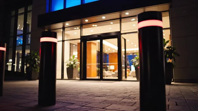Modern building entrance exterior at night with illuminated security bollards
