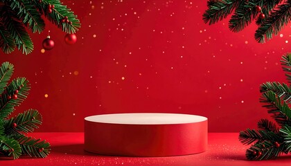 Festive Christmas podium with fir branches and red ornaments on a bokeh background for holiday promotions.