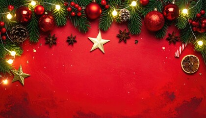 Festive Christmas Border Decoration with Ornaments Lights and Stars.