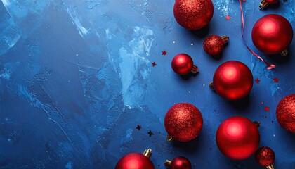 Red Christmas Ornaments Scattered on Textured Blue Background.