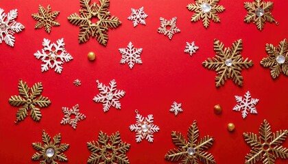 Festive Christmas snowflakes and golden ornaments scattered on a vibrant red background.