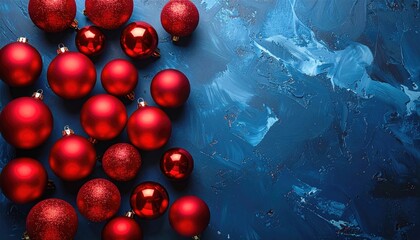 Collection of Shiny Red Christmas Ornaments Scattered on Dark Blue Textured Background.