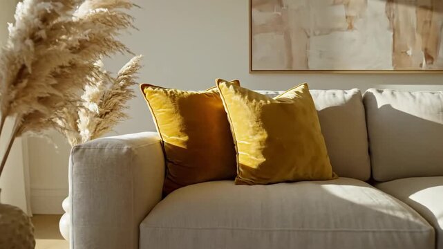 Modern living room sofa with decorative pampas grass and abstract art