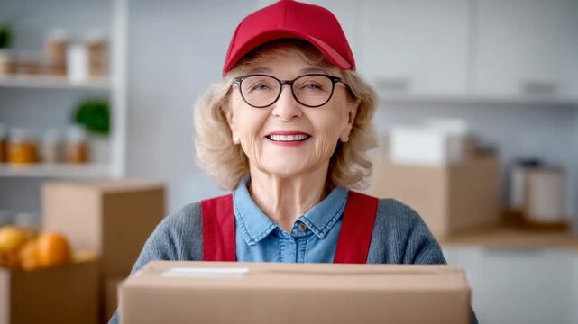 Smiling Senior Delivery: A friendly senior woman wearing a red cap and holding a cardboard package, embodying reliability and care. Ready to deliver, she's a symbol of community and commitment.