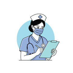 Illustration of a nurse in scrubs and mask holding a clipboard, symbolizing care, dedication, and professionalism in the medical field.