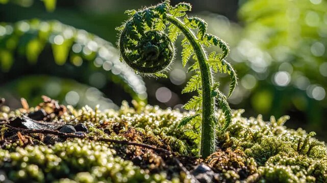 Unfurling Fiddlehead Fern in Lush Green Forest Under Sunlight.