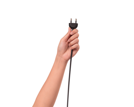 Close-up of a hand holding a black electric power cord plug isolated on transparent PNG.	
