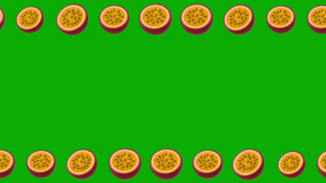 Sliced passionfruits decorative frame on green screen background