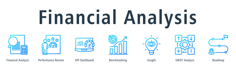 Financial analysis web banner icon vector illustration concept with icon of financial analysis, performance review, KPI dashboard, benchmarking, insight, SWOT analysis, and roadmap.