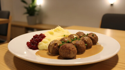 Swedish meatballs served with creamy gravy mashed potatoes and lingonberry sauce simple Nordic restaurant setup