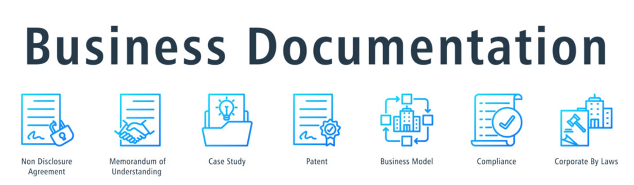 Business documentation web banner icon vector illustration concept with icon of non disclosure agreement, memorandum of understanding, case study, patent, business model, and compliance.