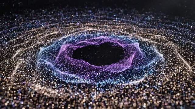 A visualization of deep sonic resonance waves radiating outward through a dense field of shimmering particles creating an oscillating circular pattern resonance, frequency, sonic