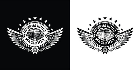 Vintage custom built machines emblem with wings and stars, black and white illustration