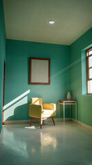 Sunny interior 3D render with yellow armchair and teal walls. Minimalist room with window shadows, empty frame, and side table. Colorful home design concept with strong natural lighting.