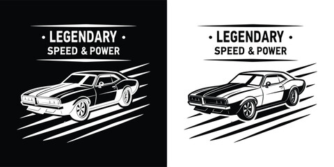 Dynamic illustration of a legendary muscle car emphasizing speed and power, shown in contrasting black and white formats