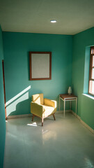 Sunny interior 3D render with yellow armchair and teal walls. Minimalist room with window shadows, empty frame, and side table. Colorful home design concept with strong natural lighting.