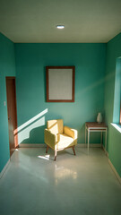 Sunny interior 3D render with yellow armchair and teal walls. Minimalist room with window shadows, empty frame, and side table. Colorful home design concept with strong natural lighting.