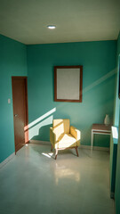 Sunny interior 3D render with yellow armchair and teal walls. Minimalist room with window shadows, empty frame, and side table. Colorful home design concept with strong natural lighting.