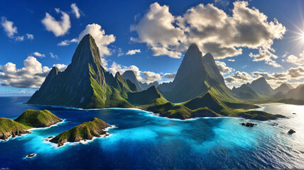 mountain landscape with lake and blue sky