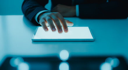 A person's hand interacting with a glowing tablet, emphasizing the user experience in a technologically advanced setting. 