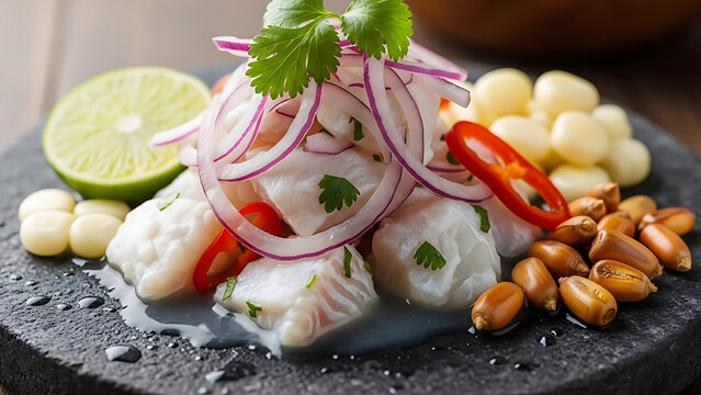 Peruvian ceviche fresh fish marinated in lime with red onion cilantro and corn photographed cold on stone plate