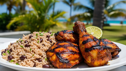 Jamaican jerk chicken grilled spicy marinade served with rice and peas outdoor tropical vibe bright sunlight
