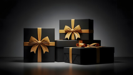 Elegant black gift boxes with gold ribbons on a dark background