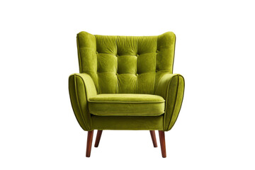 Bright green velvet armchair with tufted back and wooden legs on black furniture, Isolated On White Background, Png Transparent