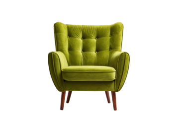 Bright green velvet armchair with tufted back and wooden legs on black furniture, Isolated On White Background, Png Transparent