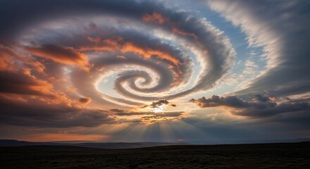 Dramatic spiral cloud formation with sun rays breaking through a vibrant sky at sunset or sunrise over a dark landscape, creating a powerful and ethereal natural phenomenon