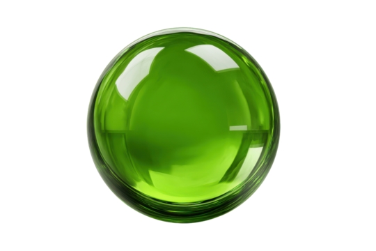 Transparent green glass sphere with reflections on black background liquid