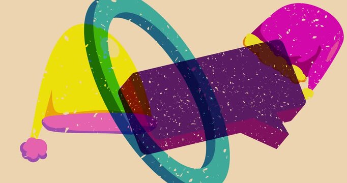 Risograph Santa Claus Hat and speech bubble with geometric shapes animation. Moving object in trendy riso graph design video.
