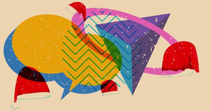Risograph Santa Claus Hat and speech bubble with geometric shapes animation. Moving object in trendy riso graph design video.