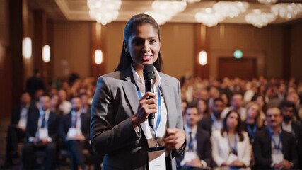 Professional woman speaker addressing conference audience